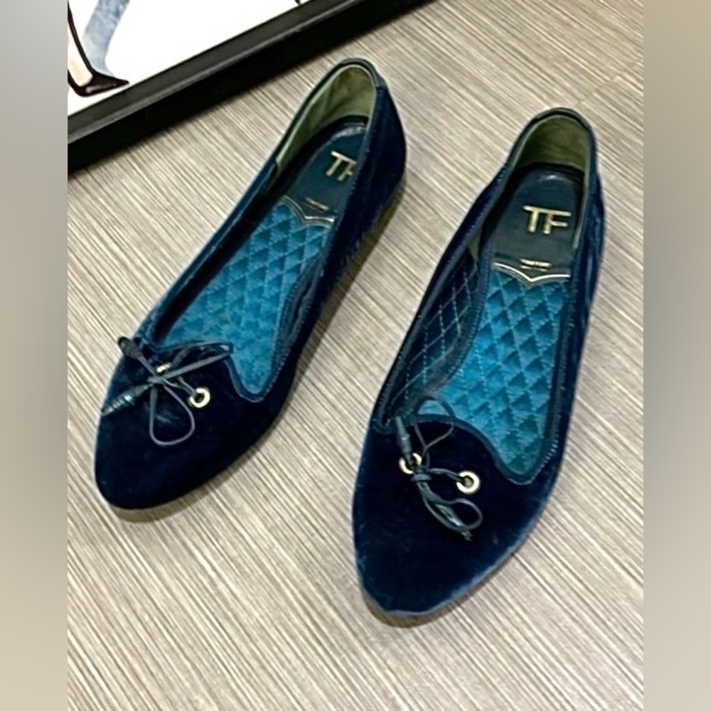 Tom Ford Velvet Teal Blue Ballet Flat Loafers Bow Tie Quilted Footbed Size EU 36